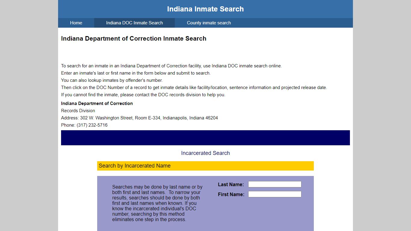 Indiana Department of Correction Inmate Search